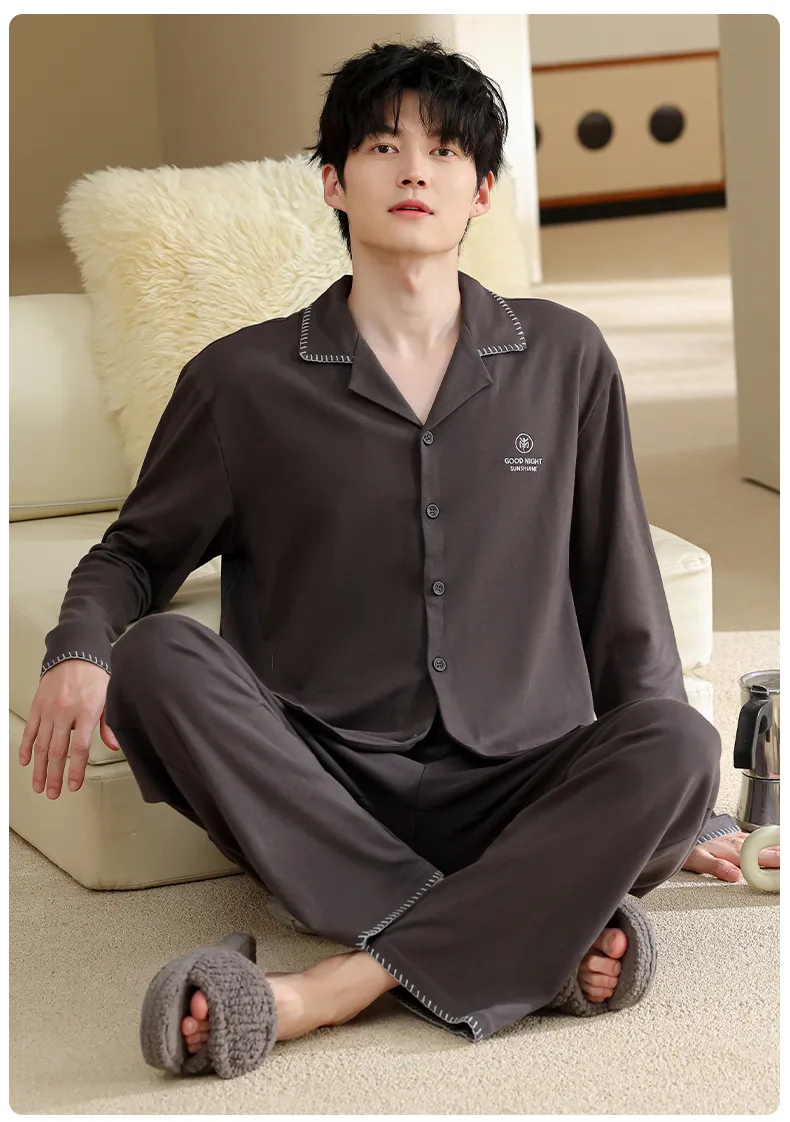 Men's Pure Cotton Pajama Set, Long Sleeve Cardigan with Lapel Collar and Long Pants, Minimalist Casual Autumn/Winter Wearable-Outside Loungewear · Wholesale · OEM · Worldwide Shipping - Detail 16