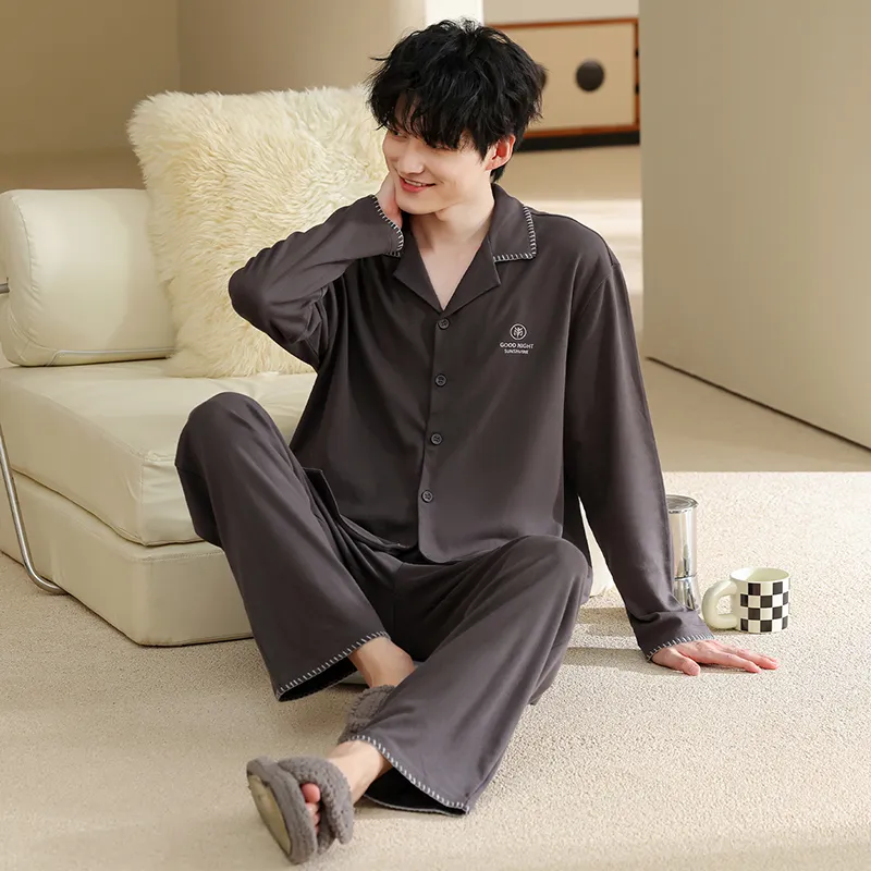 Men's Pure Cotton Pajama Set, Long Sleeve Cardigan with Lapel Collar and Long Pants, Minimalist Casual Autumn/Winter Wearable-Outside Loungewear · Wholesale · OEM · Worldwide Shipping - View 1