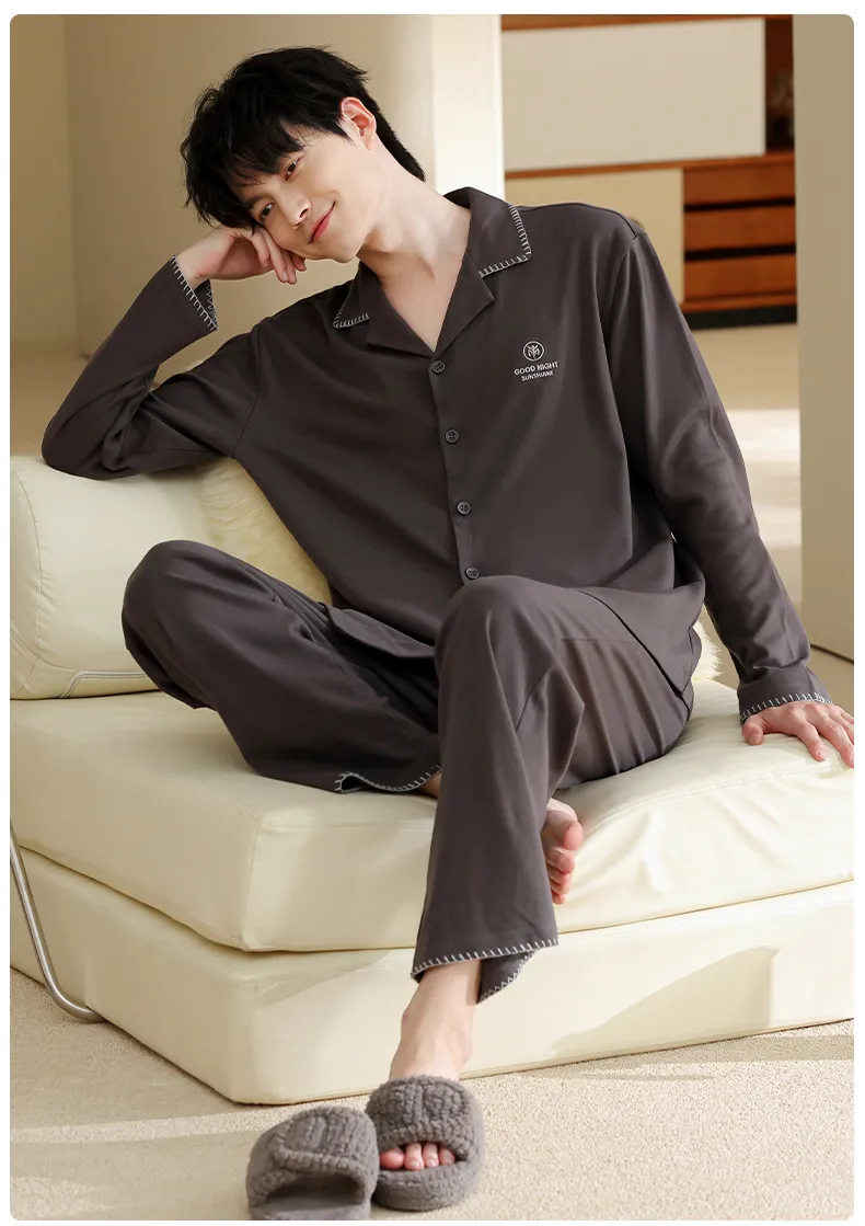 Men's Pure Cotton Pajama Set, Long Sleeve Cardigan with Lapel Collar and Long Pants, Minimalist Casual Autumn/Winter Wearable-Outside Loungewear · Wholesale · OEM · Worldwide Shipping - Detail 15