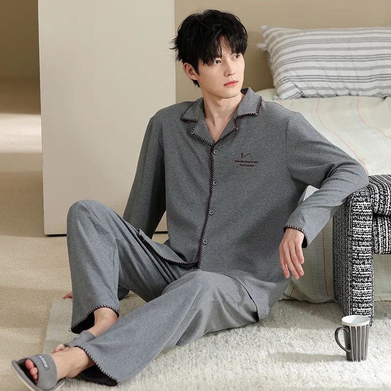 Men's Pure Cotton Pajama Set, Long Sleeve Cardigan with Lapel Collar and Long Pants, Minimalist Casual Autumn/Winter Wearable-Outside Loungewear · Wholesale · OEM · Worldwide Shipping - Detail 1