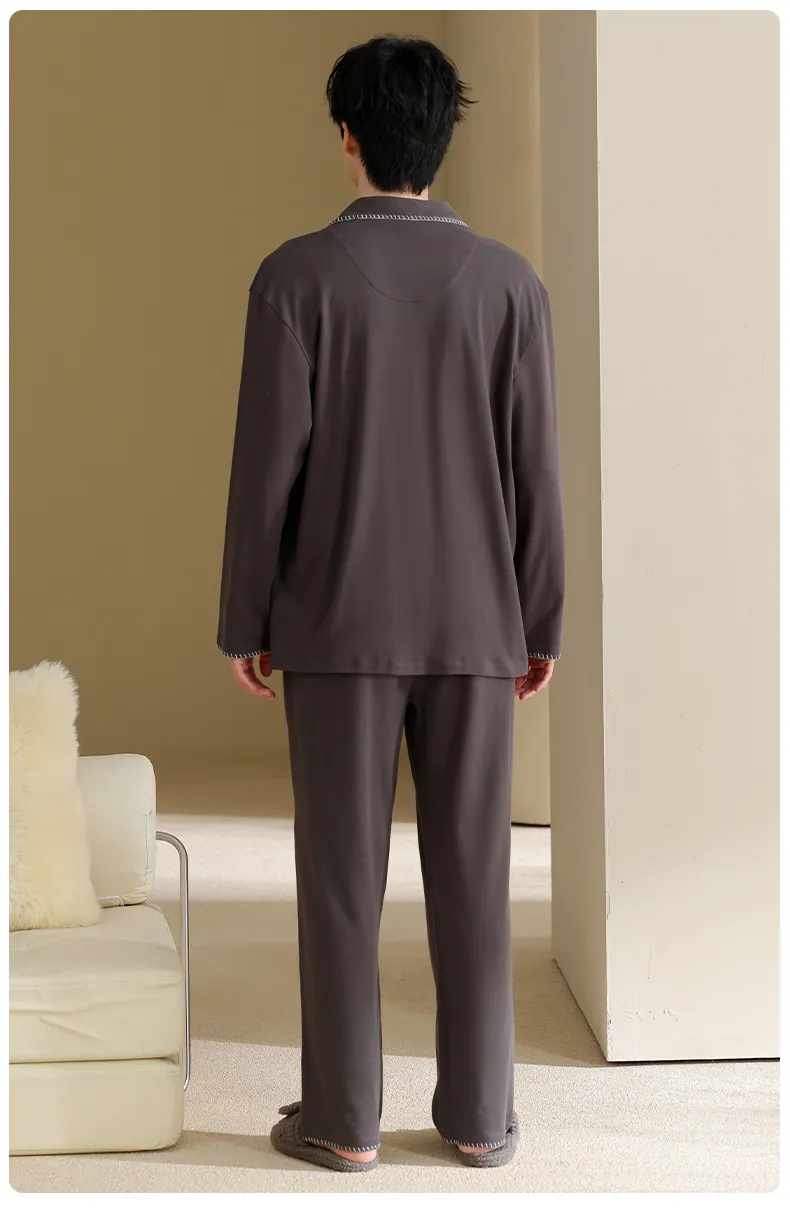 Men's Pure Cotton Pajama Set, Long Sleeve Cardigan with Lapel Collar and Long Pants, Minimalist Casual Autumn/Winter Wearable-Outside Loungewear · Wholesale · OEM · Worldwide Shipping - Detail 18