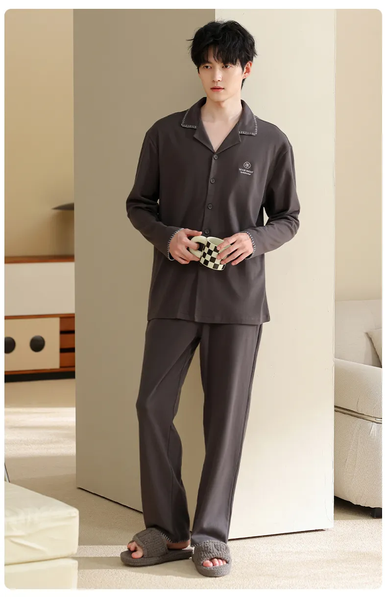 Men's Pure Cotton Pajama Set, Long Sleeve Cardigan with Lapel Collar and Long Pants, Minimalist Casual Autumn/Winter Wearable-Outside Loungewear · Wholesale · OEM · Worldwide Shipping - Detail 17