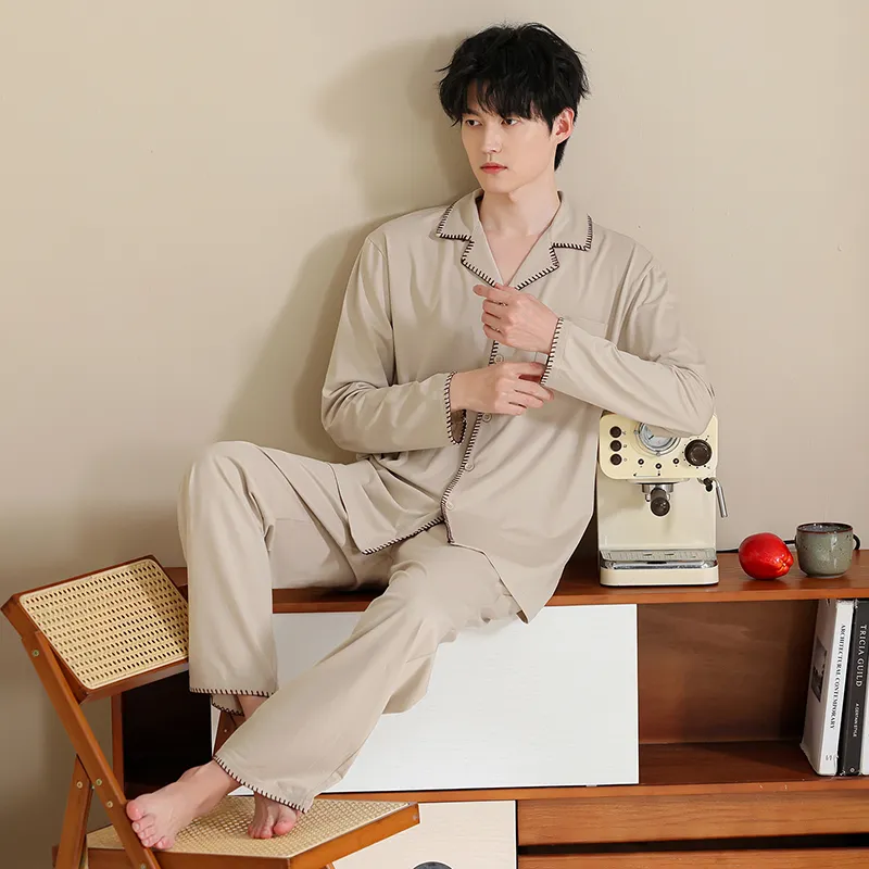 Men's Pure Cotton Pajama Set, Long Sleeve Cardigan with Lapel Collar and Long Pants, Minimalist Casual Autumn/Winter Wearable-Outside Loungewear · Wholesale · OEM · Worldwide Shipping - Detail 5