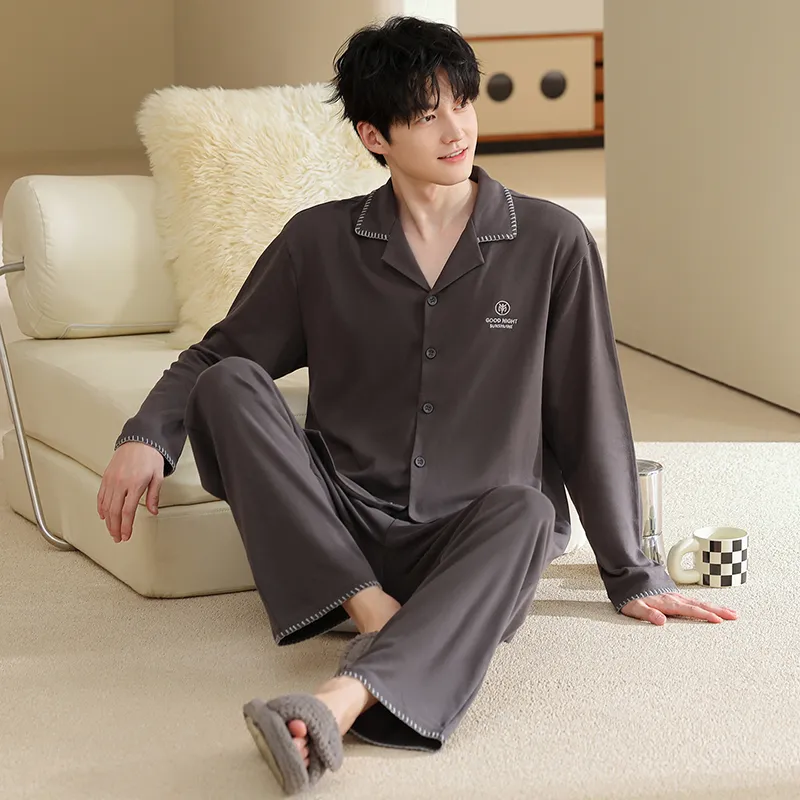 Men's Pure Cotton Pajama Set, Long Sleeve Cardigan with Lapel Collar and Long Pants, Minimalist Casual Autumn/Winter Wearable-Outside Loungewear · Wholesale · OEM · Worldwide Shipping