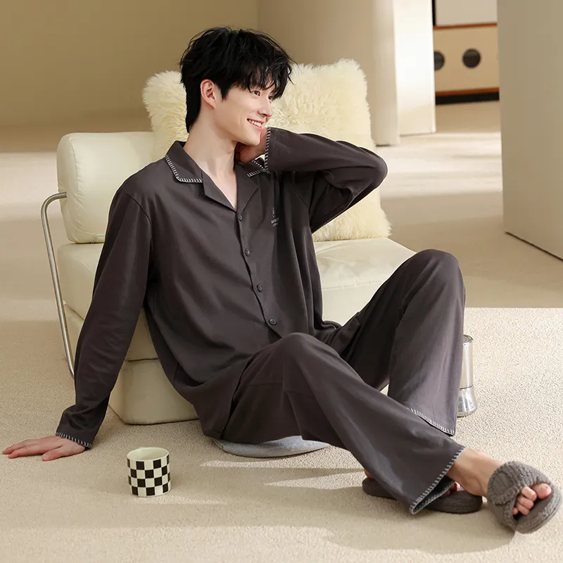 Men's Pure Cotton Pajama Set, Long Sleeve Cardigan with Lapel Collar and Long Pants, Minimalist Casual Autumn/Winter Wearable-Outside Loungewear · Wholesale · OEM · Worldwide Shipping - View 3