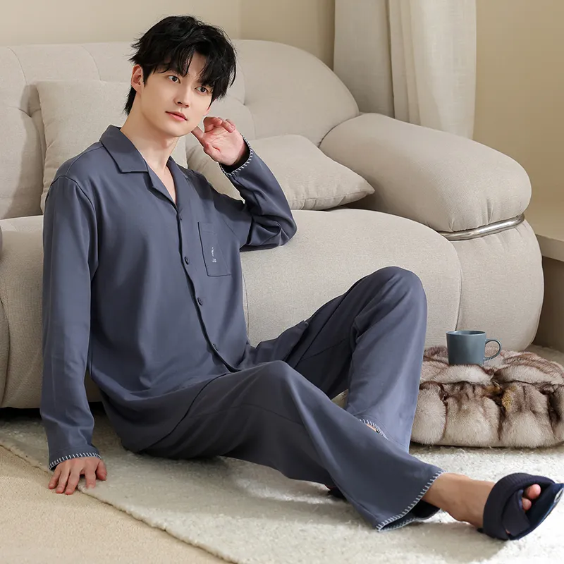 Men's Pure Cotton Pajama Set Long Sleeve Long Pants Cardigan Lapel Autumn Winter Simple Casual Outer Wear Homewear · Wholesale · OEM · Worldwide Shipping - View 1