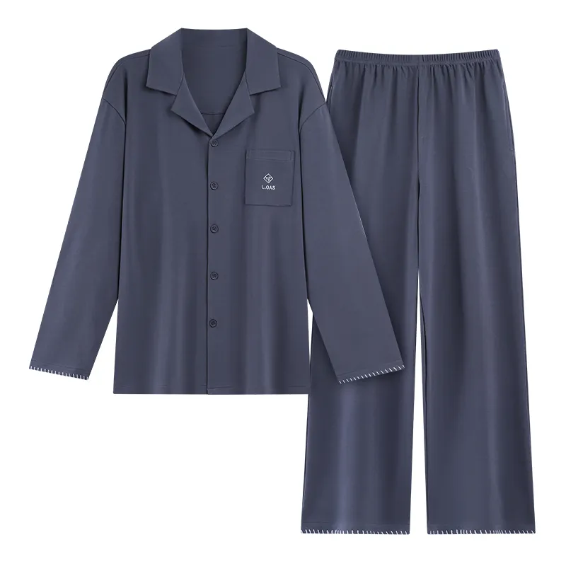 Men's Pure Cotton Pajama Set Long Sleeve Long Pants Cardigan Lapel Autumn Winter Simple Casual Outer Wear Homewear · Wholesale · OEM · Worldwide Shipping - View 4