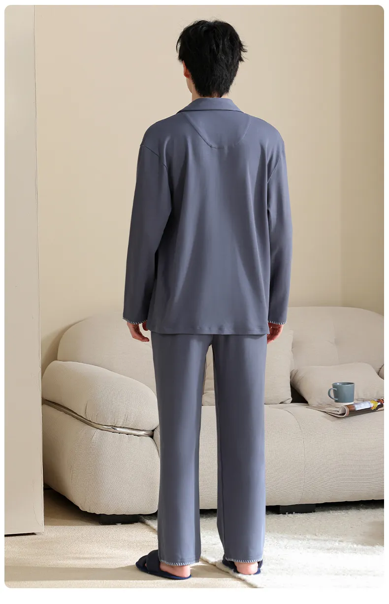 Men's Pure Cotton Pajama Set Long Sleeve Long Pants Cardigan Lapel Autumn Winter Simple Casual Outer Wear Homewear · Wholesale · OEM · Worldwide Shipping - Detail 18