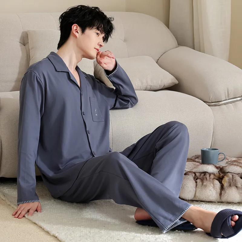Men's Pure Cotton Pajama Set Long Sleeve Long Pants Cardigan Lapel Autumn Winter Simple Casual Outer Wear Homewear · Wholesale · OEM · Worldwide Shipping - View 2