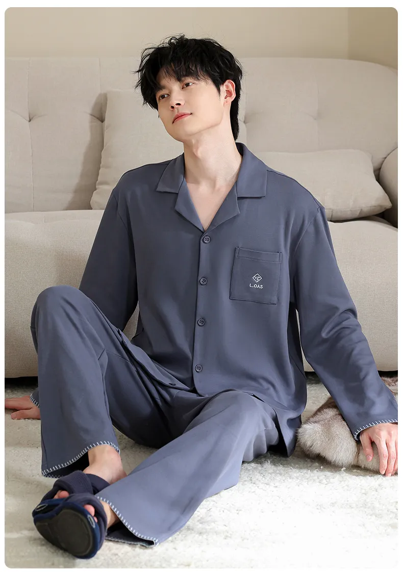 Men's Pure Cotton Pajama Set Long Sleeve Long Pants Cardigan Lapel Autumn Winter Simple Casual Outer Wear Homewear · Wholesale · OEM · Worldwide Shipping - Detail 16