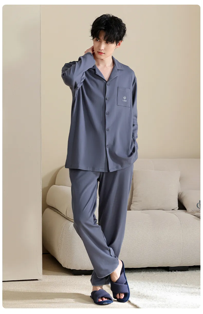 Men's Pure Cotton Pajama Set Long Sleeve Long Pants Cardigan Lapel Autumn Winter Simple Casual Outer Wear Homewear · Wholesale · OEM · Worldwide Shipping - Detail 17