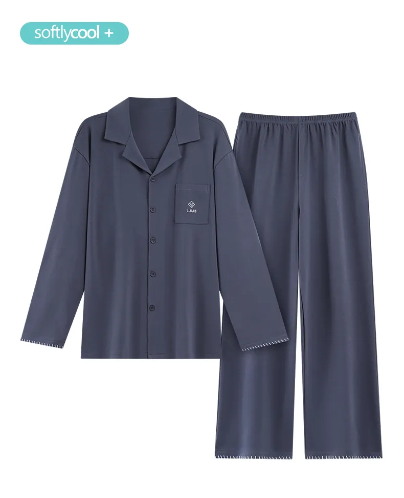 Men's Pure Cotton Pajama Set Long Sleeve Long Pants Cardigan Lapel Autumn Winter Simple Casual Outer Wear Homewear · Wholesale · OEM · Worldwide Shipping - Detail 9