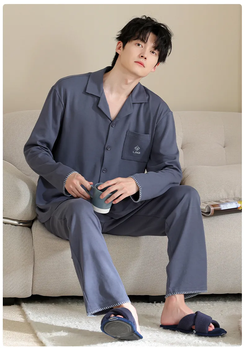 Men's Pure Cotton Pajama Set Long Sleeve Long Pants Cardigan Lapel Autumn Winter Simple Casual Outer Wear Homewear · Wholesale · OEM · Worldwide Shipping - Detail 15