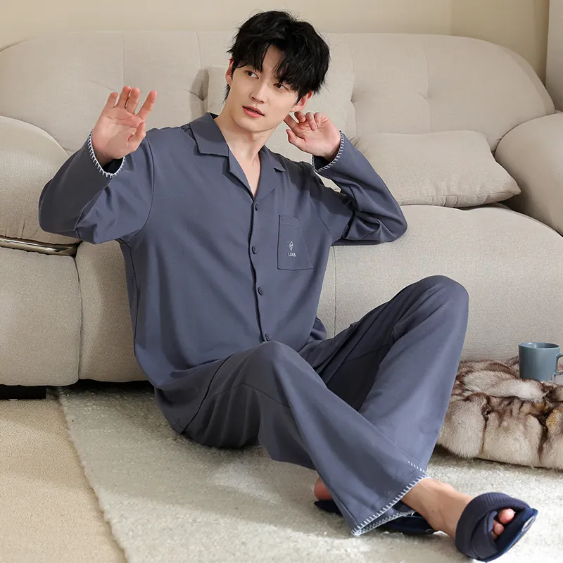 Men's Pure Cotton Pajama Set Long Sleeve Long Pants Cardigan Lapel Autumn Winter Simple Casual Outer Wear Homewear · Wholesale · OEM · Worldwide Shipping - View 3