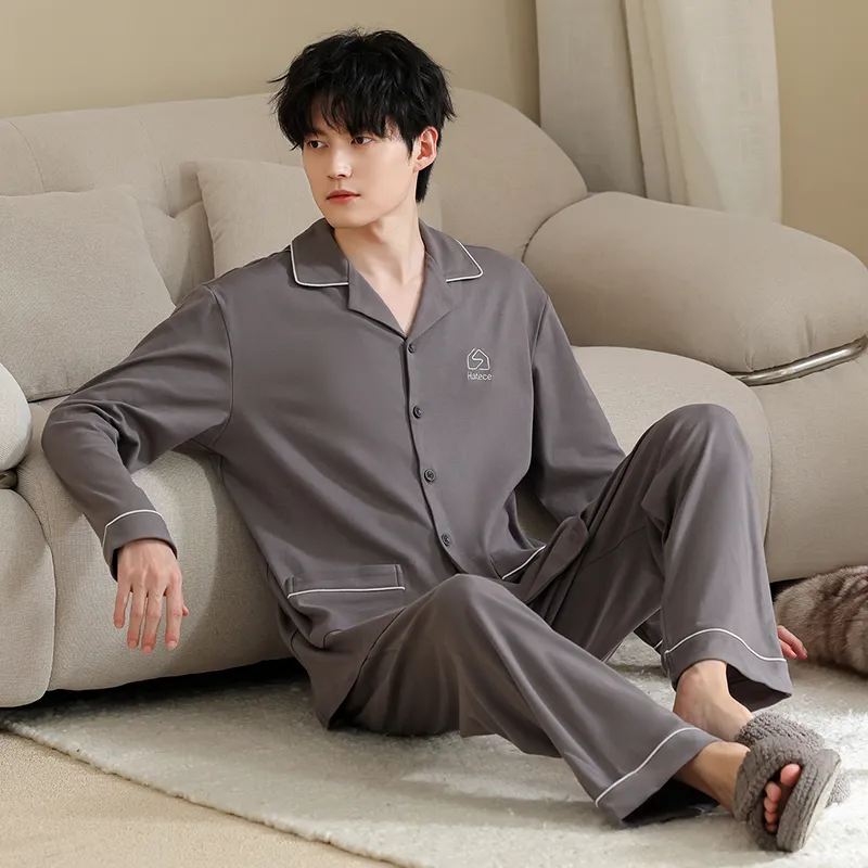 Men's Pure Cotton Pajama Set Long Sleeve Long Pants Cardigan Lapel Autumn Winter Simple Casual Outer Wear Homewear · Wholesale · OEM · Worldwide Shipping - Detail 4