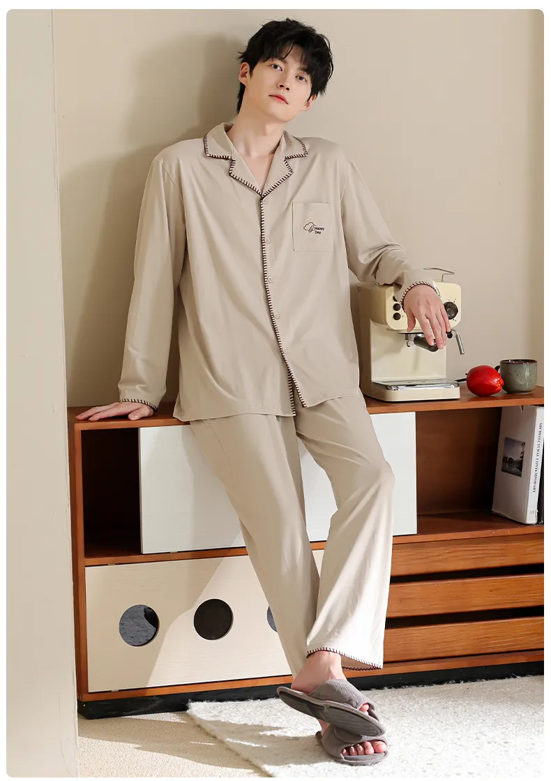 Men's Pure Cotton Pajama Set, Long Sleeve Cardigan with Lapel Collar and Long Pants, Minimalist Casual Autumn/Winter Wearable-Outside Loungewear · Wholesale · OEM · Worldwide Shipping - Detail 15