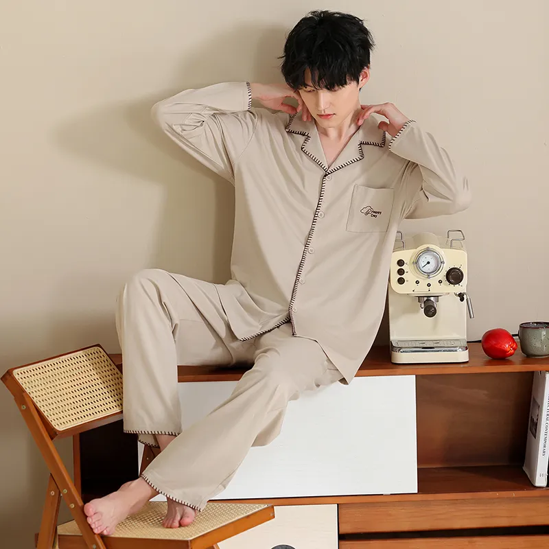 Men's Pure Cotton Pajama Set, Long Sleeve Cardigan with Lapel Collar and Long Pants, Minimalist Casual Autumn/Winter Wearable-Outside Loungewear · Wholesale · OEM · Worldwide Shipping - View 2