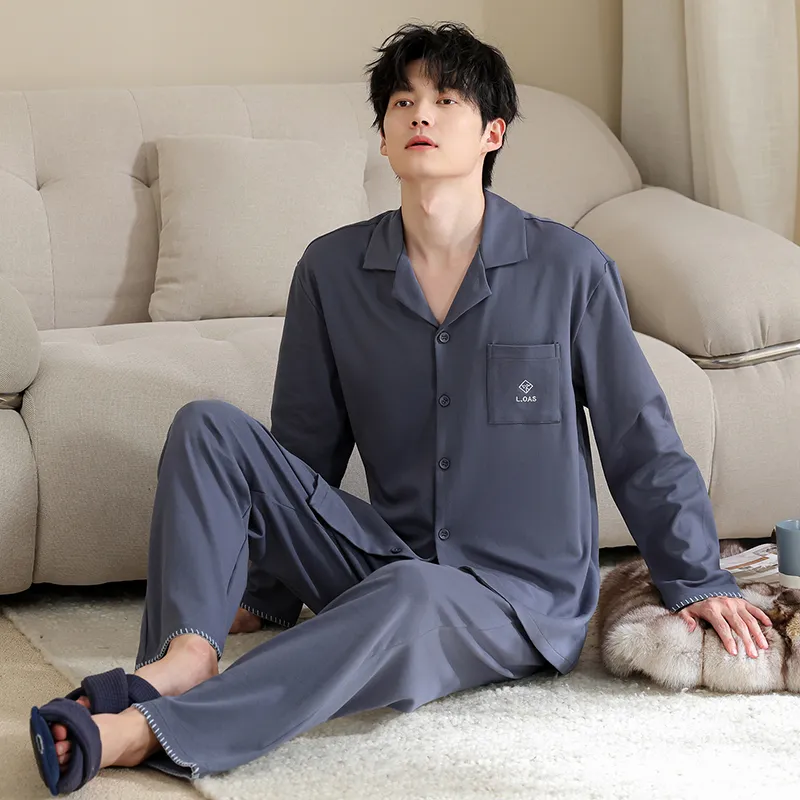 Men's Pure Cotton Pajama Set, Long Sleeve Cardigan with Lapel Collar and Long Pants, Minimalist Casual Autumn/Winter Wearable-Outside Loungewear · Wholesale · OEM · Worldwide Shipping - Detail 5