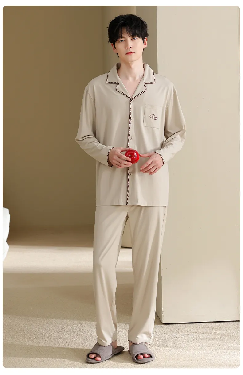 Men's Pure Cotton Pajama Set, Long Sleeve Cardigan with Lapel Collar and Long Pants, Minimalist Casual Autumn/Winter Wearable-Outside Loungewear · Wholesale · OEM · Worldwide Shipping - Detail 17