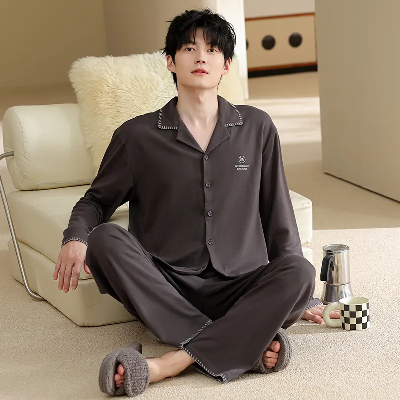 Men's Pure Cotton Pajama Set, Long Sleeve Cardigan with Lapel Collar and Long Pants, Minimalist Casual Autumn/Winter Wearable-Outside Loungewear · Wholesale · OEM · Worldwide Shipping - Detail 3