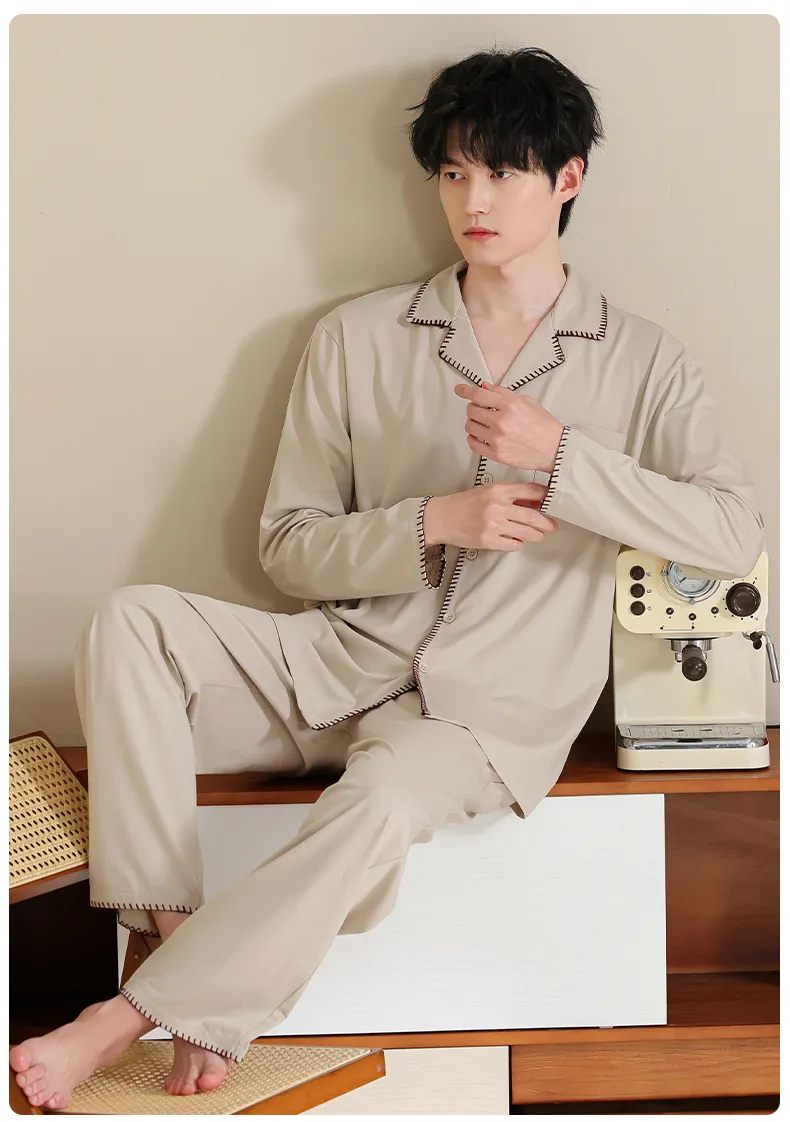 Men's Pure Cotton Pajama Set, Long Sleeve Cardigan with Lapel Collar and Long Pants, Minimalist Casual Autumn/Winter Wearable-Outside Loungewear · Wholesale · OEM · Worldwide Shipping - Detail 16