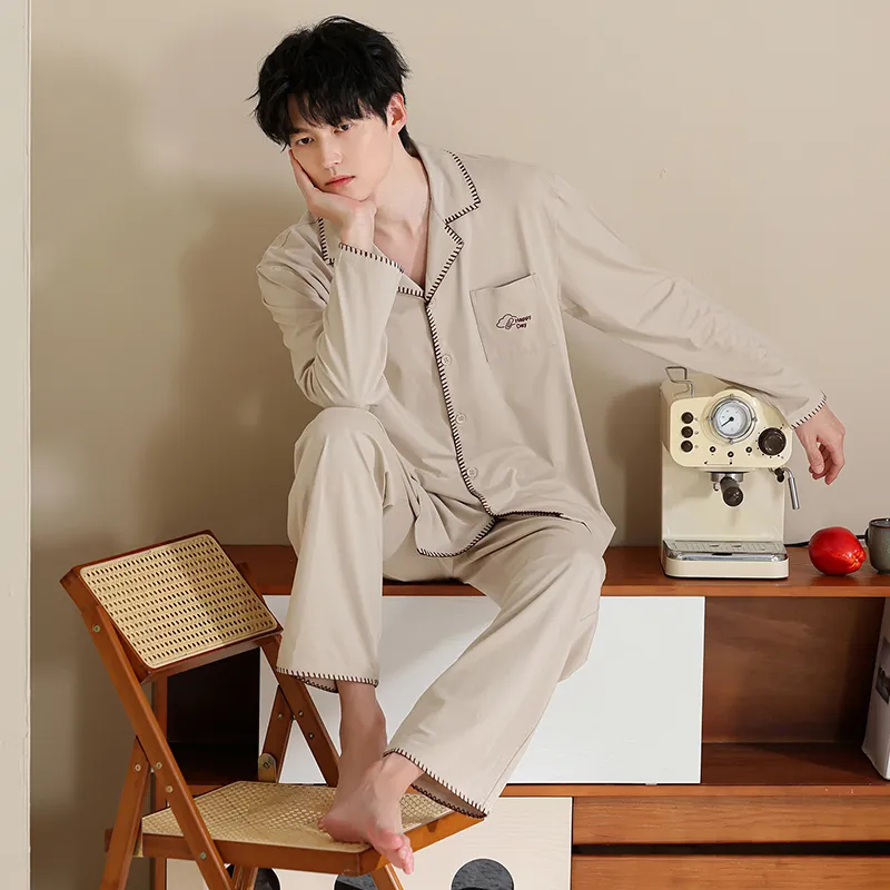 Men's Pure Cotton Pajama Set, Long Sleeve Cardigan with Lapel Collar and Long Pants, Minimalist Casual Autumn/Winter Wearable-Outside Loungewear · Wholesale · OEM · Worldwide Shipping
