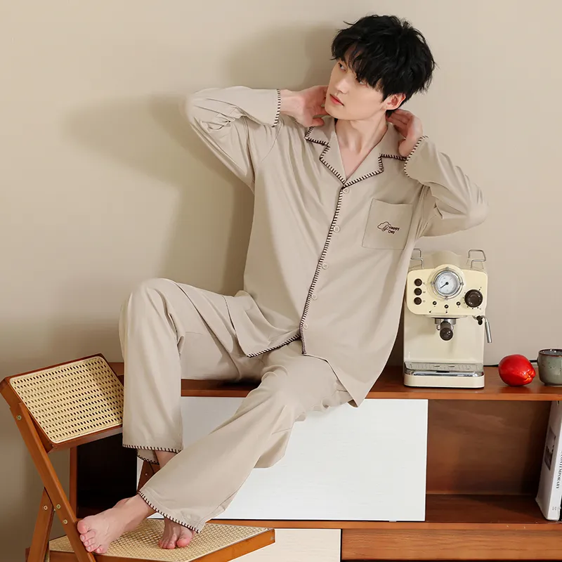 Men's Pure Cotton Pajama Set, Long Sleeve Cardigan with Lapel Collar and Long Pants, Minimalist Casual Autumn/Winter Wearable-Outside Loungewear · Wholesale · OEM · Worldwide Shipping - View 3