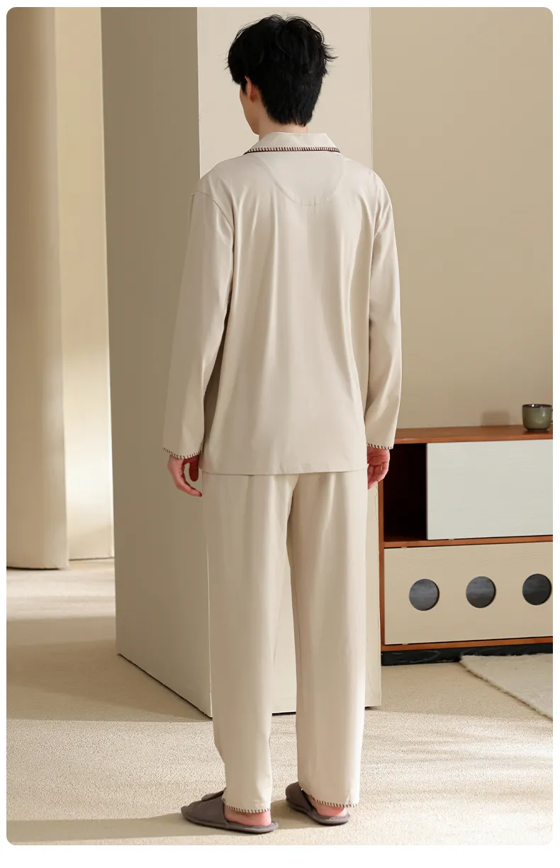 Men's Pure Cotton Pajama Set, Long Sleeve Cardigan with Lapel Collar and Long Pants, Minimalist Casual Autumn/Winter Wearable-Outside Loungewear · Wholesale · OEM · Worldwide Shipping - Detail 18