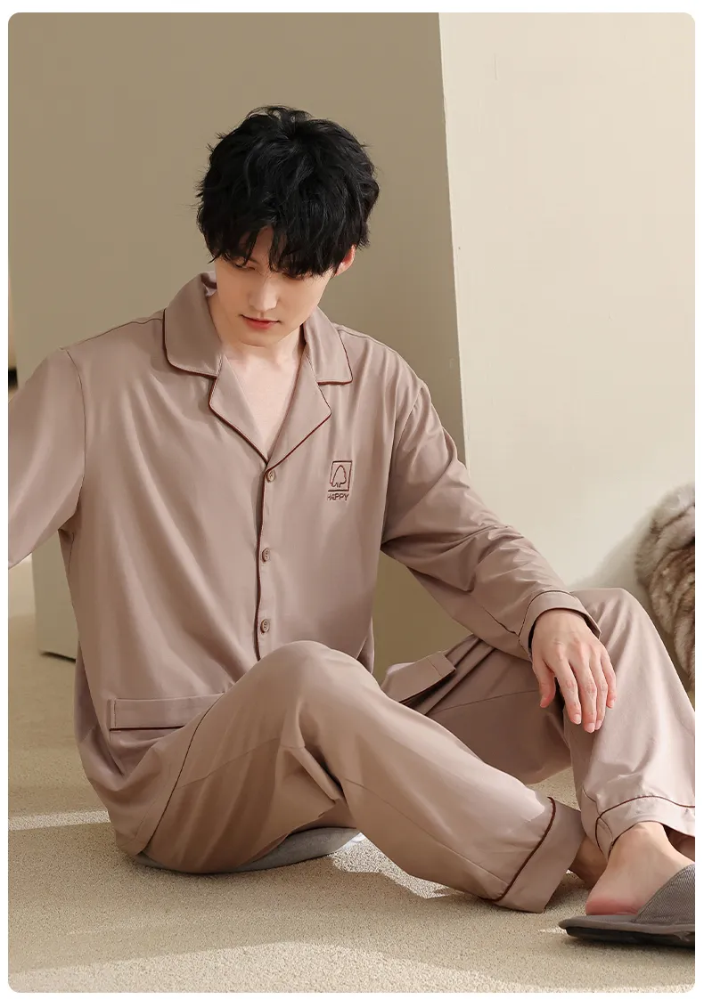 Men's Pure Cotton Pajama Set, Long Sleeve Cardigan with Lapel Collar and Long Pants, Minimalist Casual Autumn/Winter Wearable-Outside Loungewear · Wholesale · OEM · Worldwide Shipping - Detail 16