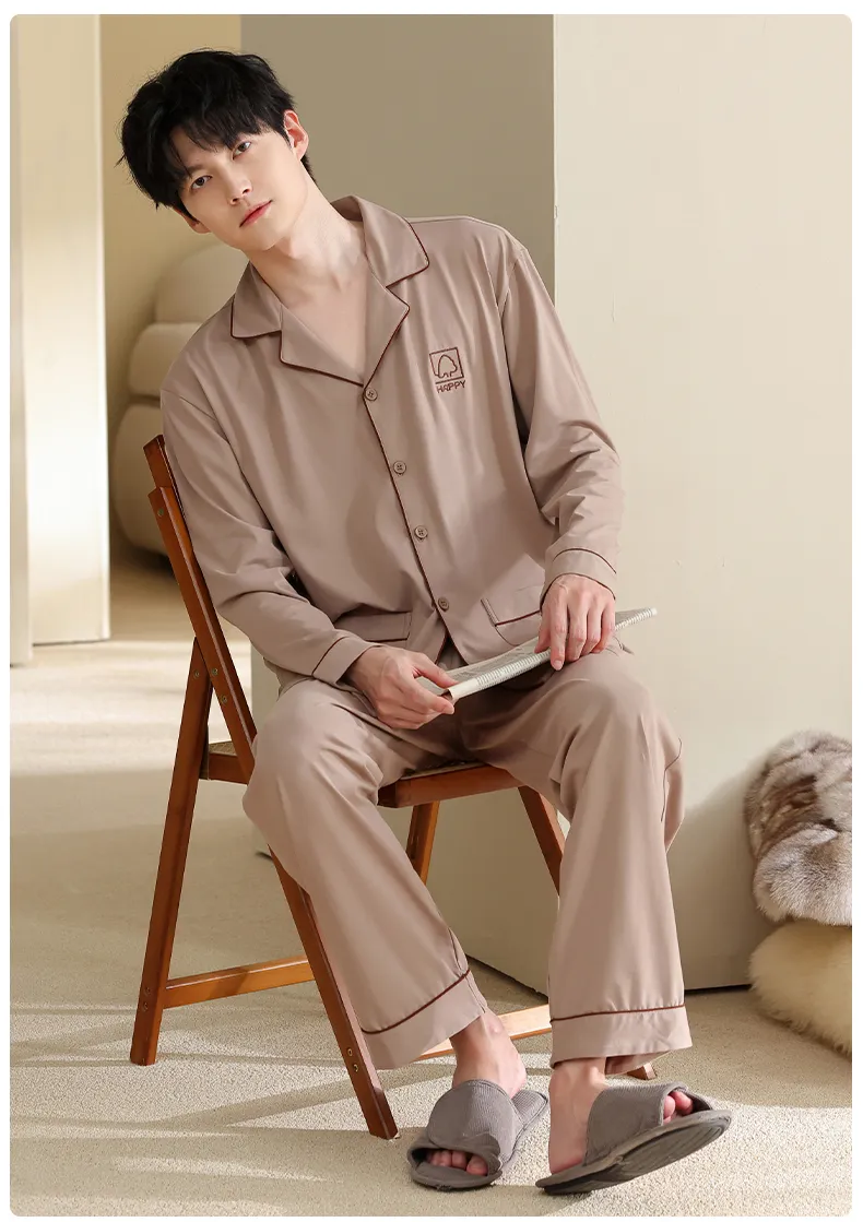 Men's Pure Cotton Pajama Set, Long Sleeve Cardigan with Lapel Collar and Long Pants, Minimalist Casual Autumn/Winter Wearable-Outside Loungewear · Wholesale · OEM · Worldwide Shipping - Detail 15