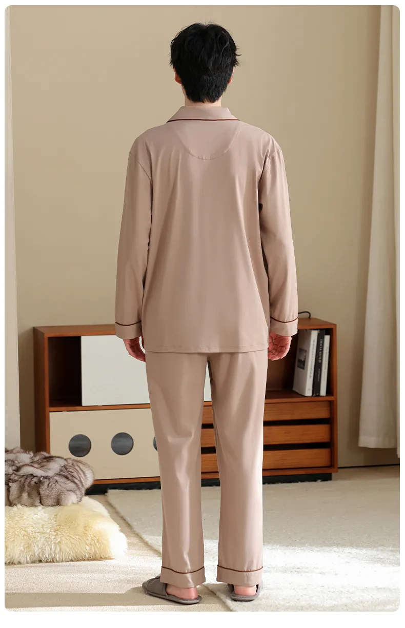 Men's Pure Cotton Pajama Set, Long Sleeve Cardigan with Lapel Collar and Long Pants, Minimalist Casual Autumn/Winter Wearable-Outside Loungewear · Wholesale · OEM · Worldwide Shipping - Detail 18