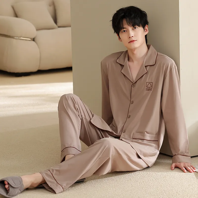 Men's Pure Cotton Pajama Set, Long Sleeve Cardigan with Lapel Collar and Long Pants, Minimalist Casual Autumn/Winter Wearable-Outside Loungewear · Wholesale · OEM · Worldwide Shipping - View 2