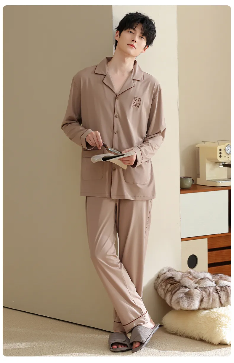 Men's Pure Cotton Pajama Set, Long Sleeve Cardigan with Lapel Collar and Long Pants, Minimalist Casual Autumn/Winter Wearable-Outside Loungewear · Wholesale · OEM · Worldwide Shipping - Detail 17