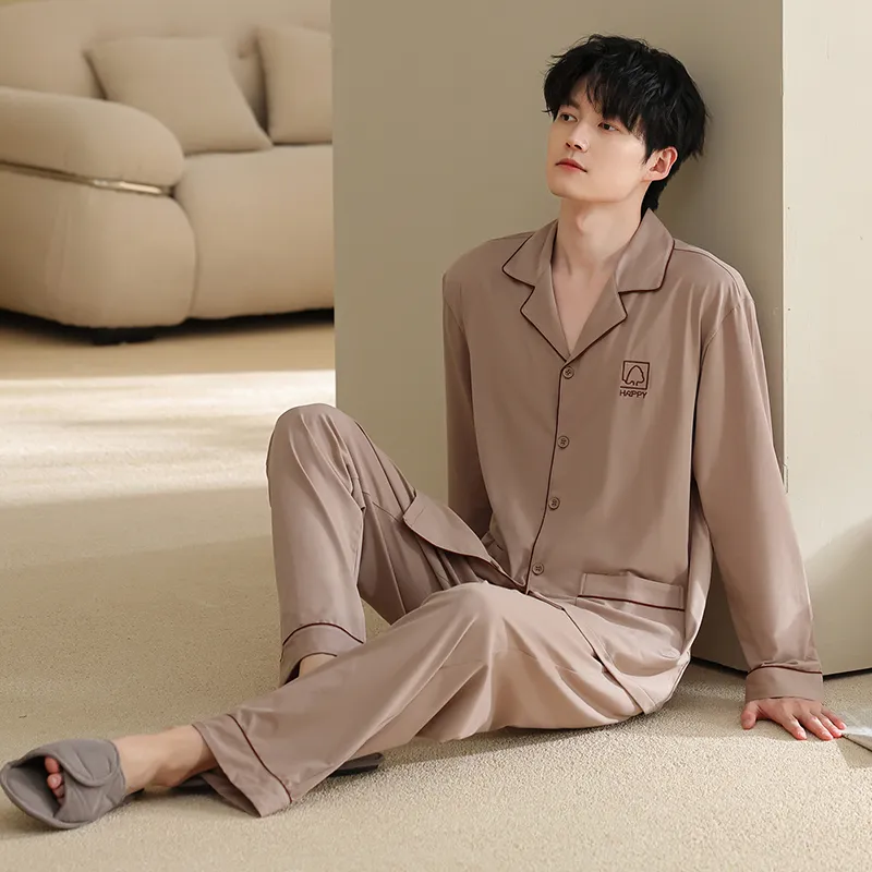 Men's Pure Cotton Pajama Set, Long Sleeve Cardigan with Lapel Collar and Long Pants, Minimalist Casual Autumn/Winter Wearable-Outside Loungewear · Wholesale · OEM · Worldwide Shipping - View 1