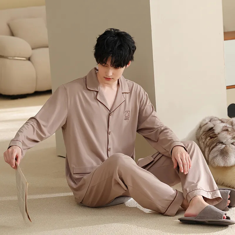Men's Pure Cotton Pajama Set, Long Sleeve Cardigan with Lapel Collar and Long Pants, Minimalist Casual Autumn/Winter Wearable-Outside Loungewear · Wholesale · OEM · Worldwide Shipping