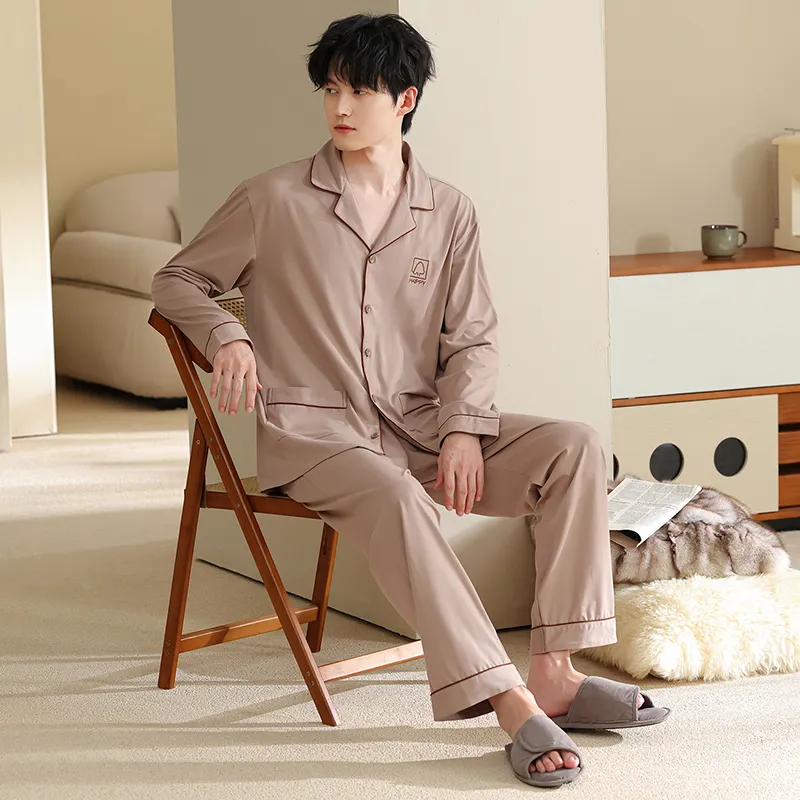 Men's Pure Cotton Pajama Set, Long Sleeve Cardigan with Lapel Collar and Long Pants, Minimalist Casual Autumn/Winter Wearable-Outside Loungewear · Wholesale · OEM · Worldwide Shipping - View 3