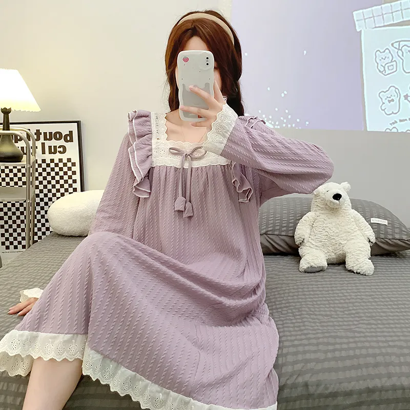 6535 Jacquard Piama Wanita Musim Gugur Gaya Putri Lengan Panjang Renda Gaun Tidur Panjang Sedang Ukuran Besar 130kg Pakaian Rumah · Grosir · OEM · Pengiriman Global