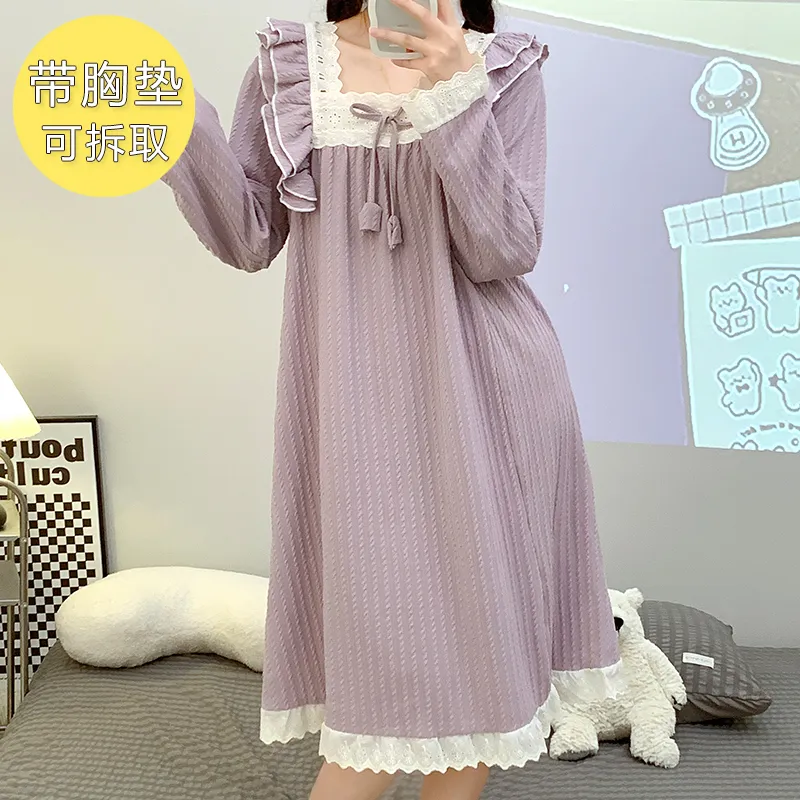 6535 Jacquard Piama Wanita Musim Gugur dengan Bantalan Dada Gaya Putri Lengan Panjang Renda Gaun Tidur Panjang Sedang Ukuran Besar Pakaian Rumah · Grosir · OEM · Pengiriman Global