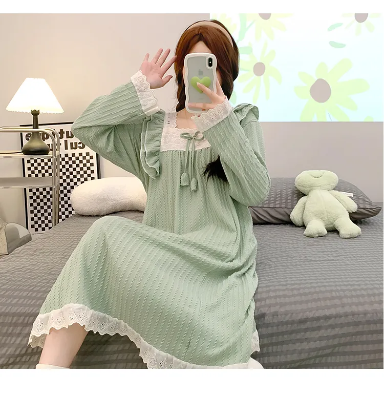 6535 Jacquard Pajamas Women Autumn with Chest Pad Princess Style Long Sleeve Lace Mid-Length Nightdress Plus Size Homewear · Wholesale · OEM · Worldwide Shipping - Detail 10
