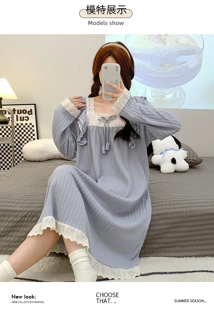 6535 Jacquard Pajamas Women Autumn with Chest Pad Princess Style Long Sleeve Lace Mid-Length Nightdress Plus Size Homewear · Wholesale · OEM · Worldwide Shipping - Detail 6