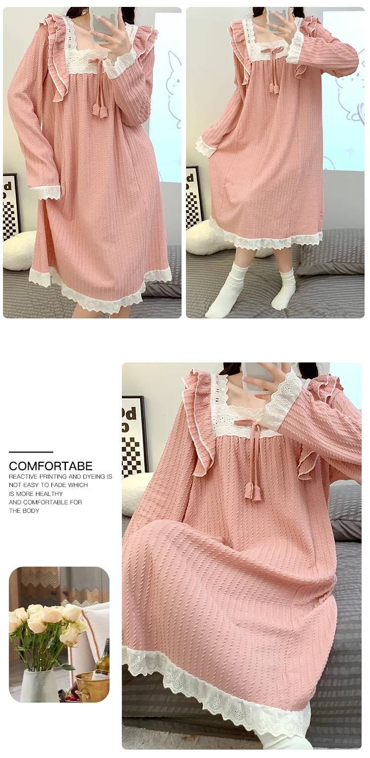 6535 Jacquard Pajamas Women Autumn with Chest Pad Princess Style Long Sleeve Lace Mid-Length Nightdress Plus Size Homewear · Wholesale · OEM · Worldwide Shipping - Detail 15