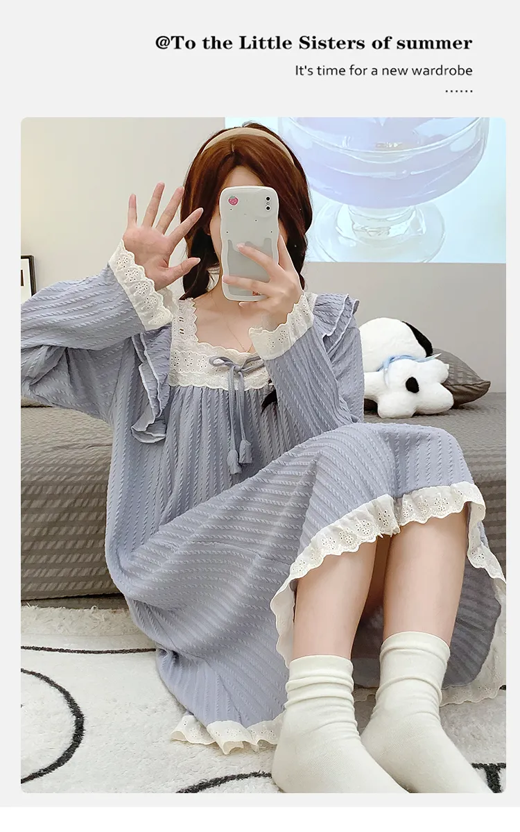 6535 Jacquard Pajamas Women Autumn with Chest Pad Princess Style Long Sleeve Lace Mid-Length Nightdress Plus Size Homewear · Wholesale · OEM · Worldwide Shipping - Detail 8