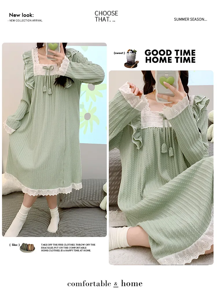 6535 Jacquard Pajamas Women Autumn with Chest Pad Princess Style Long Sleeve Lace Mid-Length Nightdress Plus Size Homewear · Wholesale · OEM · Worldwide Shipping - Detail 9