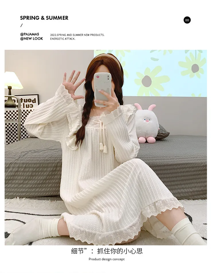 6535 Jacquard Pajamas Women Autumn with Chest Pad Princess Style Long Sleeve Lace Mid-Length Nightdress Plus Size Homewear · Wholesale · OEM · Worldwide Shipping - Detail 12