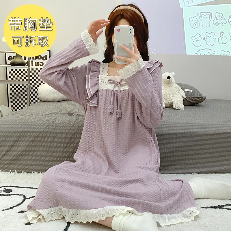 6535 Jacquard Pajamas Women Autumn with Chest Pad Princess Style Long Sleeve Lace Mid-Length Nightdress Plus Size Homewear · Wholesale · OEM · Worldwide Shipping - View 2