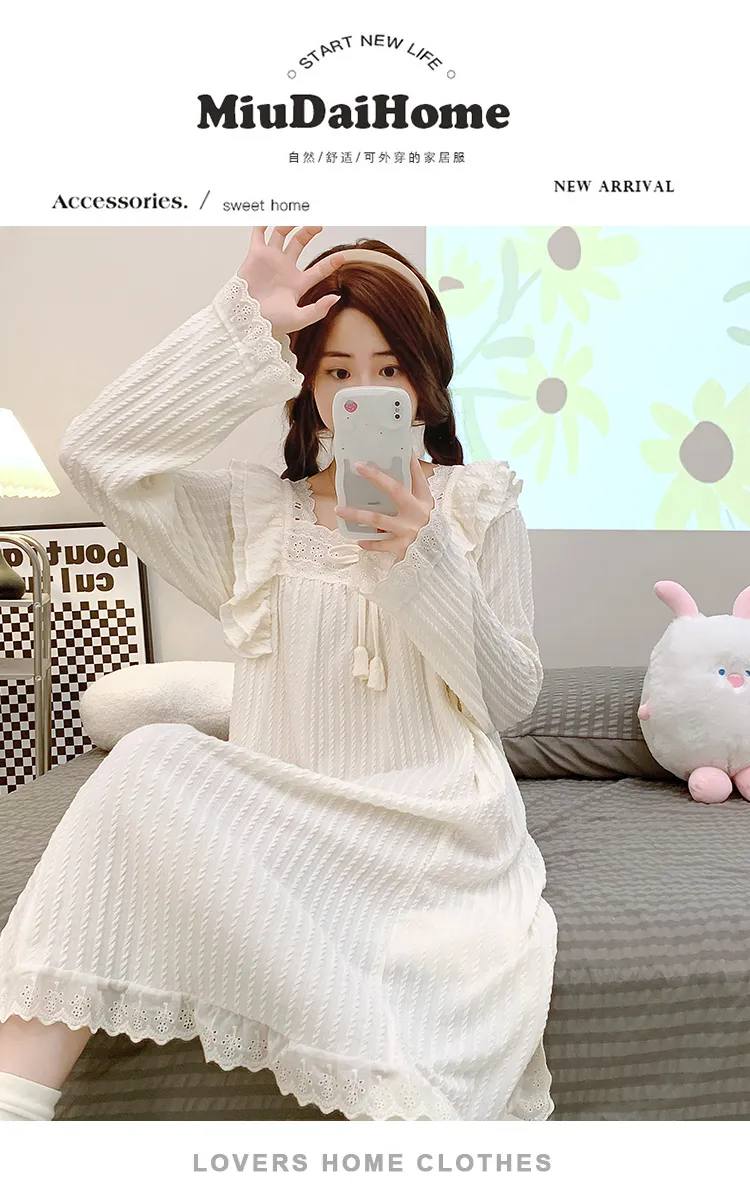6535 Jacquard Pajamas Women Autumn with Chest Pad Princess Style Long Sleeve Lace Mid-Length Nightdress Plus Size Homewear · Wholesale · OEM · Worldwide Shipping - Detail 14