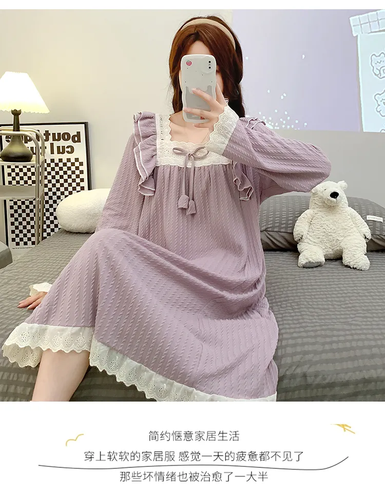 6535 Jacquard Pajamas Women Autumn with Chest Pad Princess Style Long Sleeve Lace Mid-Length Nightdress Plus Size Homewear · Wholesale · OEM · Worldwide Shipping - Detail 18