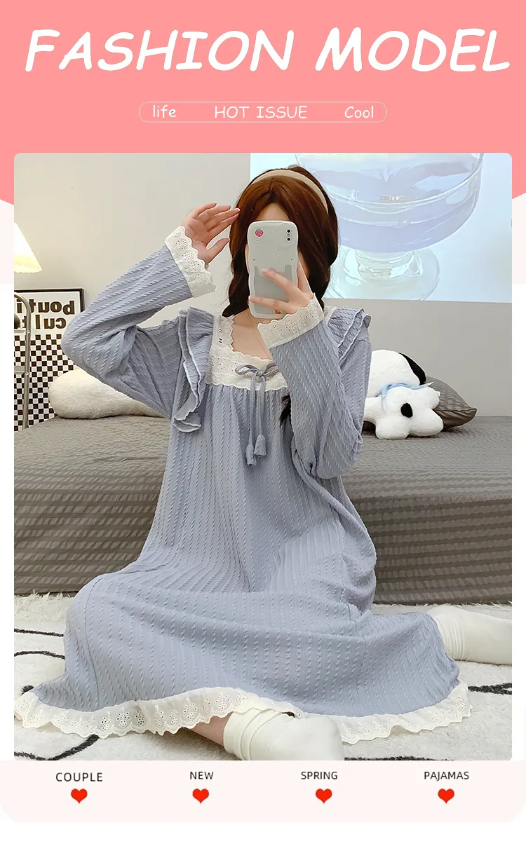 6535 Jacquard Pajamas Women Autumn with Chest Pad Princess Style Long Sleeve Lace Mid-Length Nightdress Plus Size Homewear · Wholesale · OEM · Worldwide Shipping - Detail 1