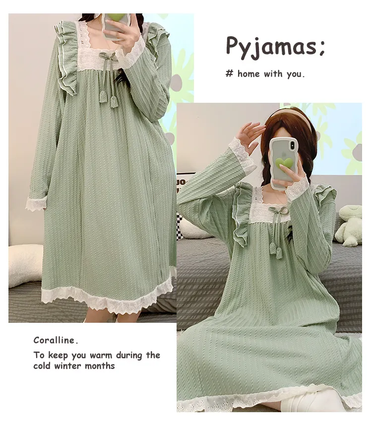 6535 Jacquard Pajamas Women Autumn with Chest Pad Princess Style Long Sleeve Lace Mid-Length Nightdress Plus Size Homewear · Wholesale · OEM · Worldwide Shipping - Detail 11