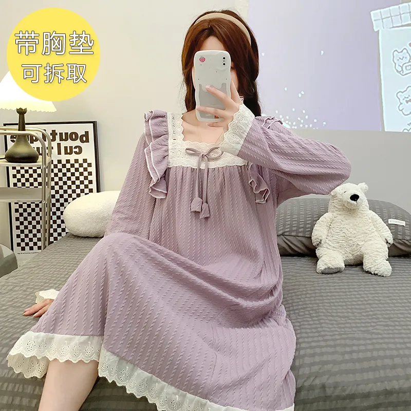 6535 Jacquard Pajamas Women Autumn with Chest Pad Princess Style Long Sleeve Lace Mid-Length Nightdress Plus Size Homewear · Wholesale · OEM · Worldwide Shipping - View 3